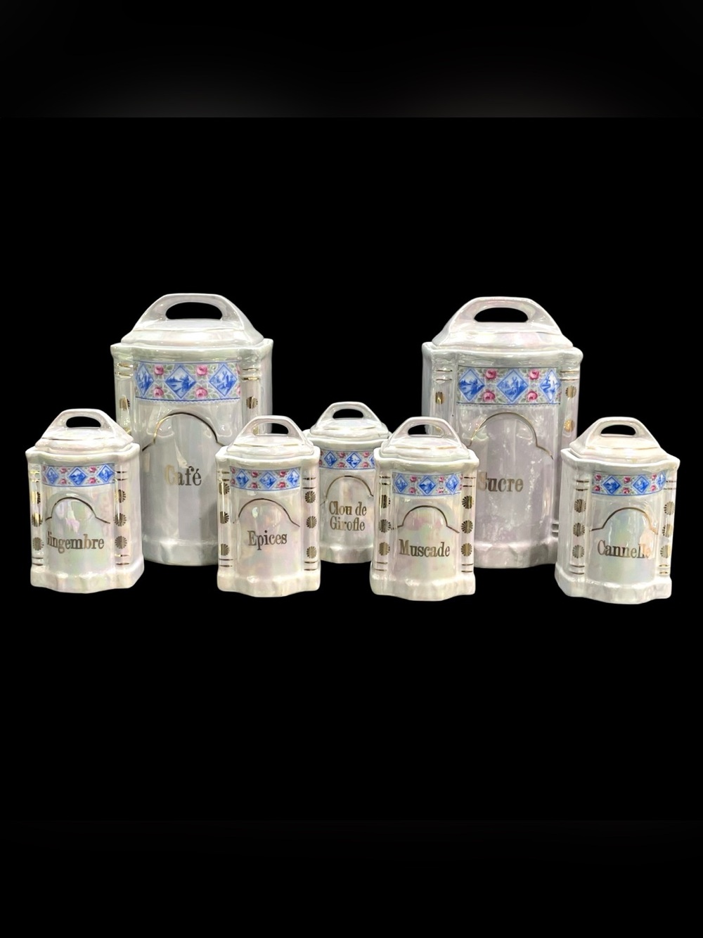 Antique 1920s Art Deco French Porcelain Coffee Canister Set Lustre Porcelain